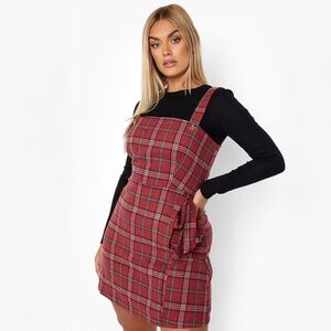 NWT BOOHOO Red Plaid Flannel Bow Check Wrap Pinafore Dress Jumper Sz US 24 UK 28